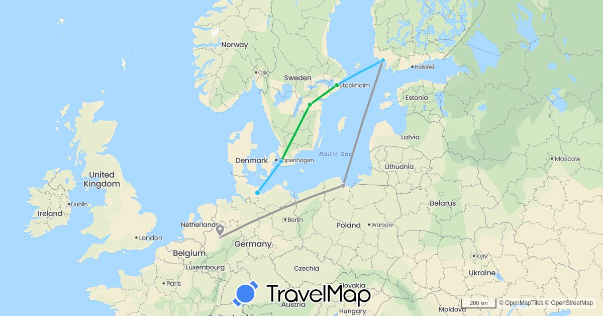 TravelMap itinerary: driving, bus, plane, boat in Germany, Finland, Poland, Sweden (Europe)
